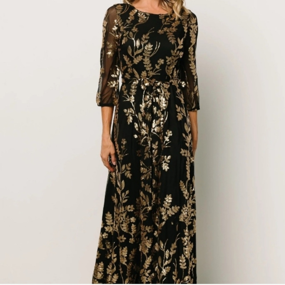 Baltic Born Black and Gold Floral Sequin Dress